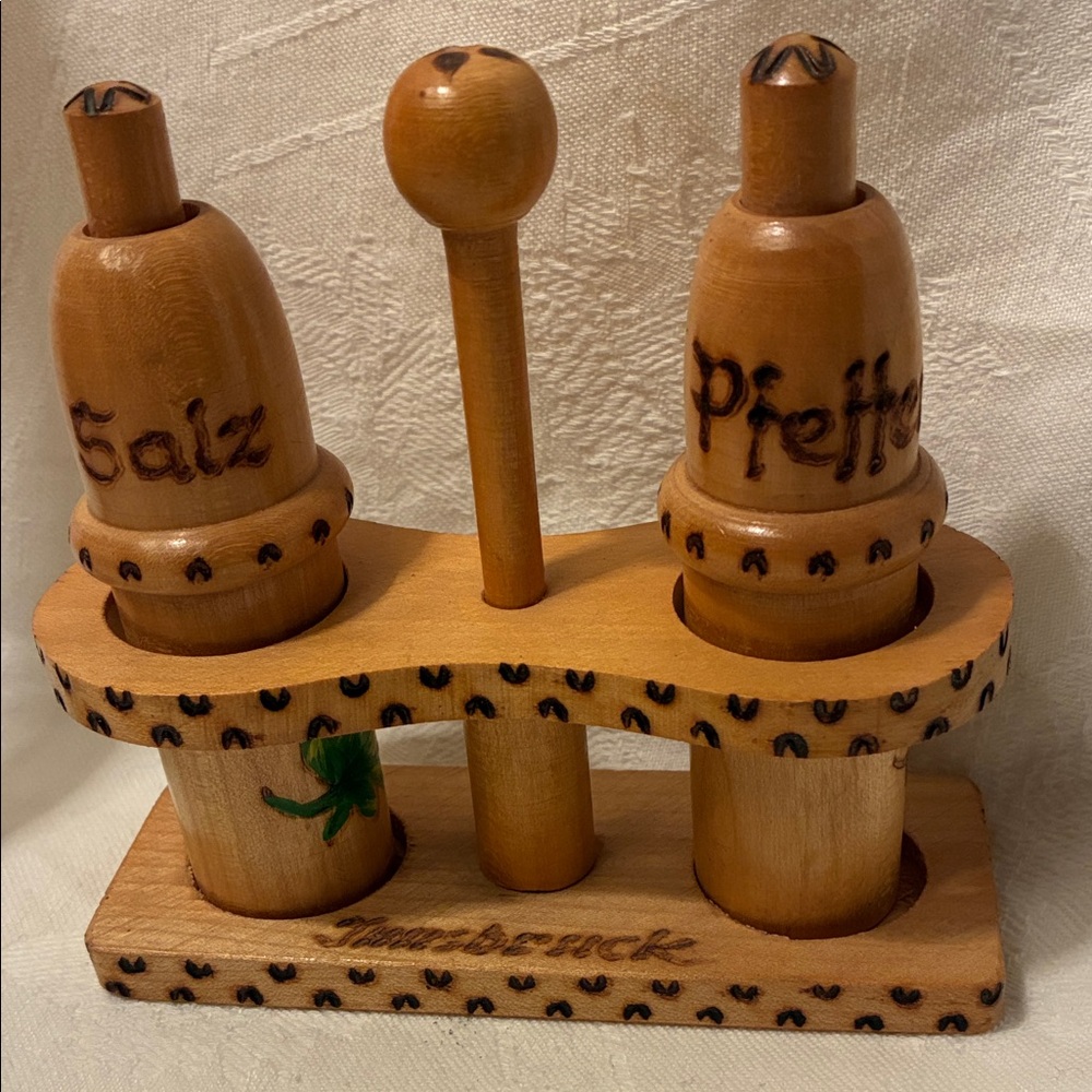 vintage wooden novelty salt and pepper shaker set W/ caddy souvenir Innsbruck